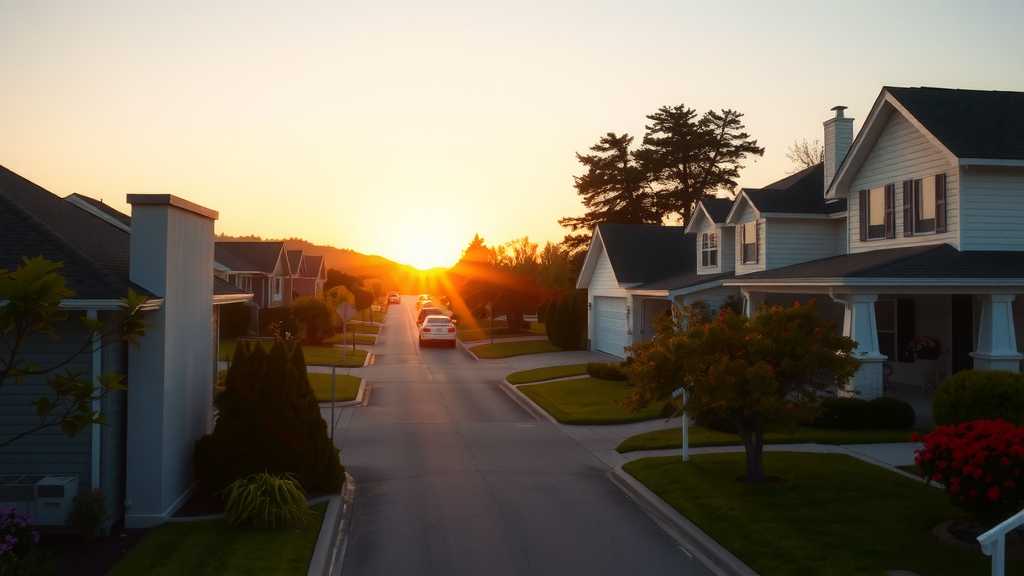 casas-suburbanas-al-atardecer-con-jardines-florecientes-y-arboles