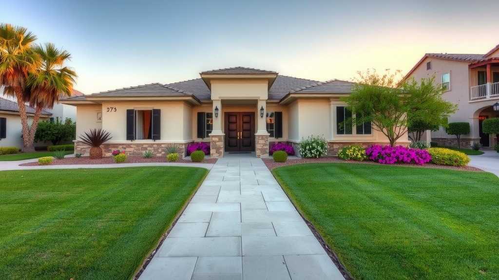 frente-de-una-casa-moderna-de-un-solo-piso-con-un-camino-acogedor-y-flores-en-flor