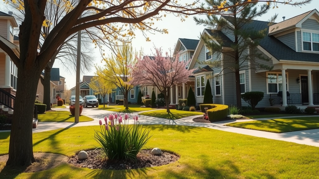 A bustling residential area during spring