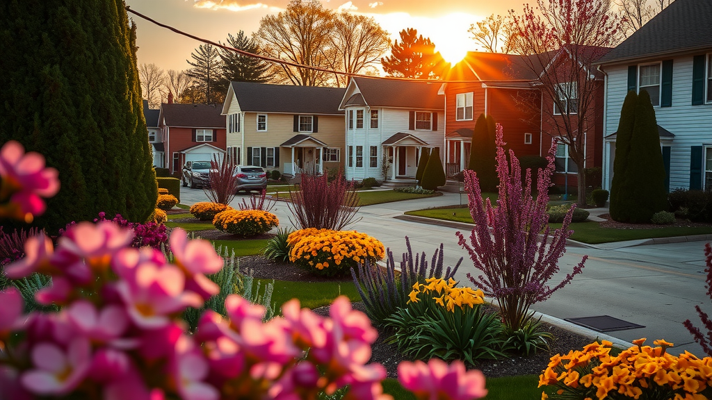 A picturesque spring neighborhood full of flowers and houses
