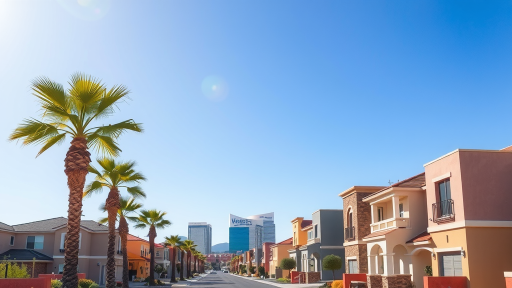 A sunny day in a modern las vegas neighborhood showing vibrant homes