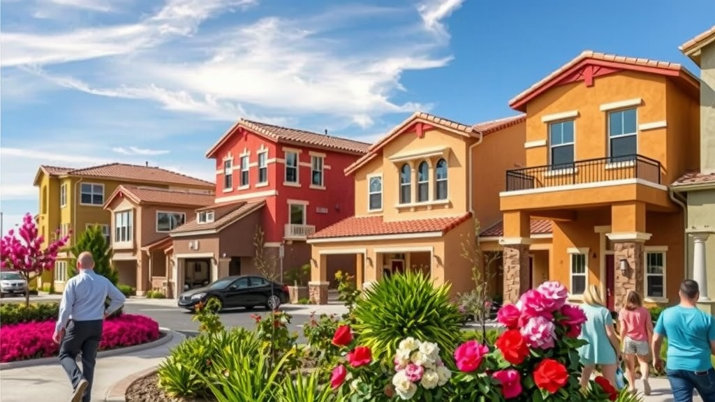 A vibrant las vegas neighborhood with various home styles and sunny weather