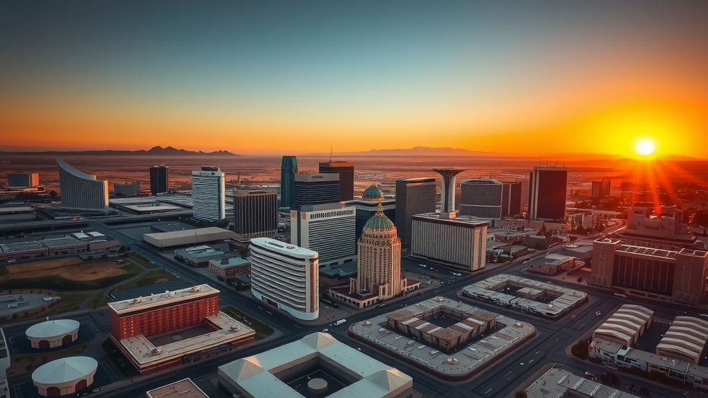 Aerial view of las vegas with a stunning sunset behind skyscrapers