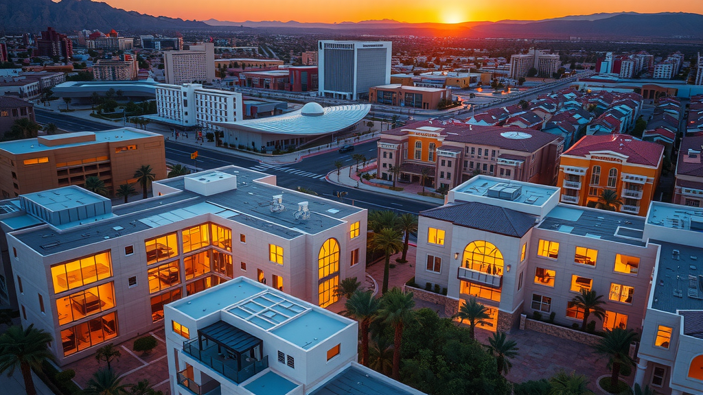 Aerial view of modern residential buildings in las vegas at sunset
