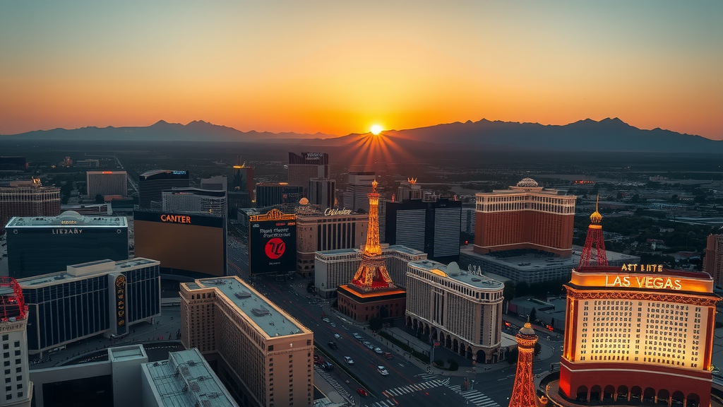 Aerial view of the vibrant las vegas skyline with sunset and mountain backdrop