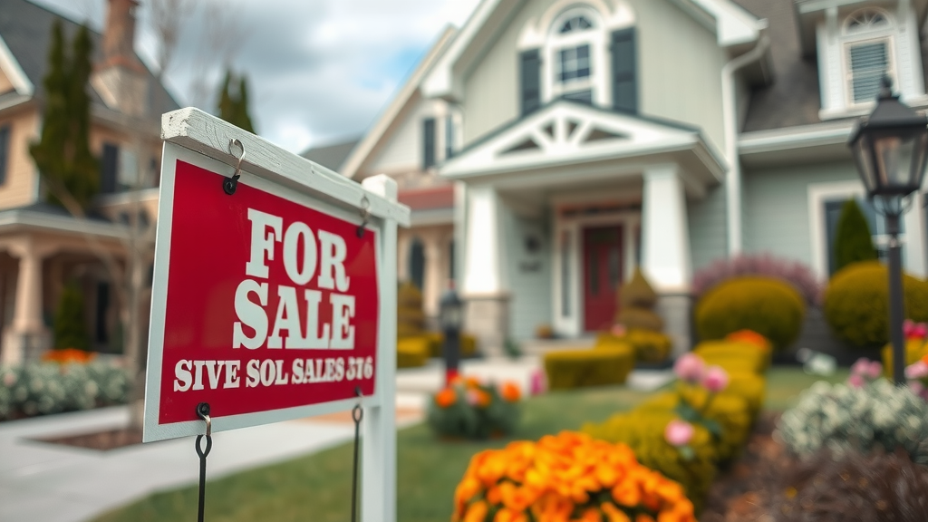 Close-up of a real estate sign in a garden.