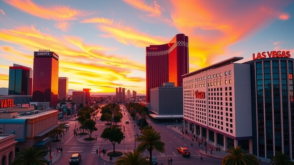 Las vegas skyline at sunset with active streets 1