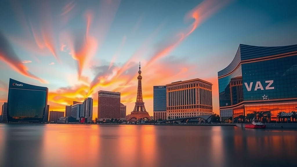 Las vegas skyline at sunset with reflective buildings