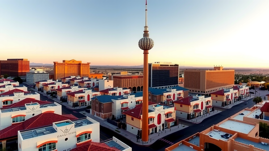 Las vegas skyline with modern residential buildings at sunset