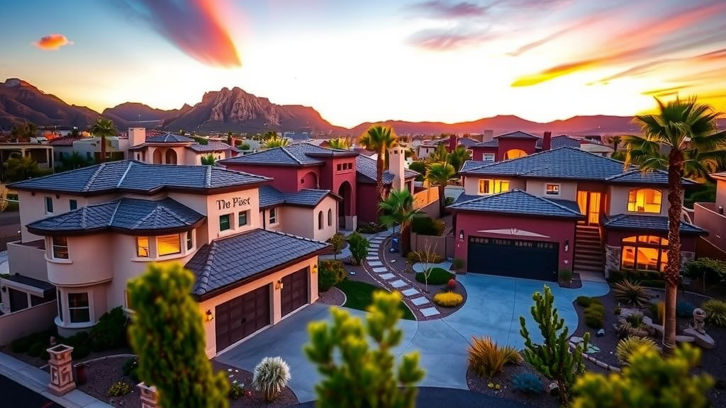 Luxury homes bathed in sunset light highlighting architectural details
