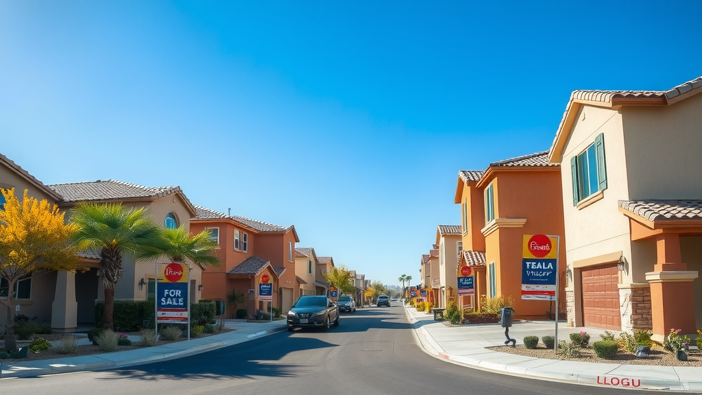 New homes in las vegas neighborhood with for sale signs