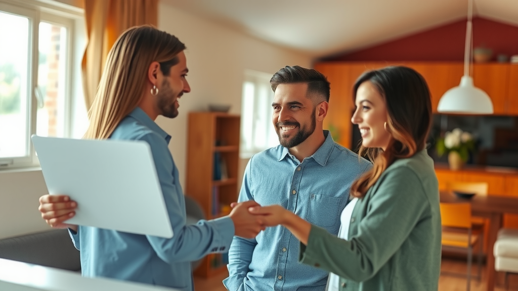 Real estate agent showing a house to clients.