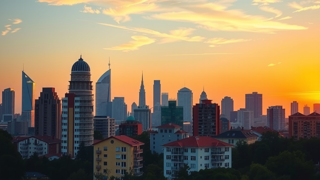 Urban skyline of a city at sunset emphasizing architectural diversity