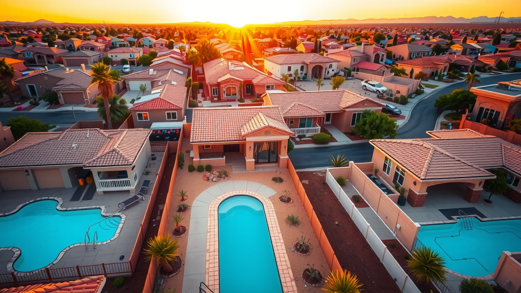 A beautiful suburban neighborhood in las vegas with modern homes and lush landscaping at sunset