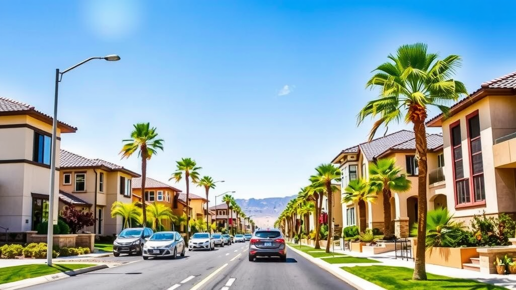 A busy street in las vegas with modern homes and palm trees