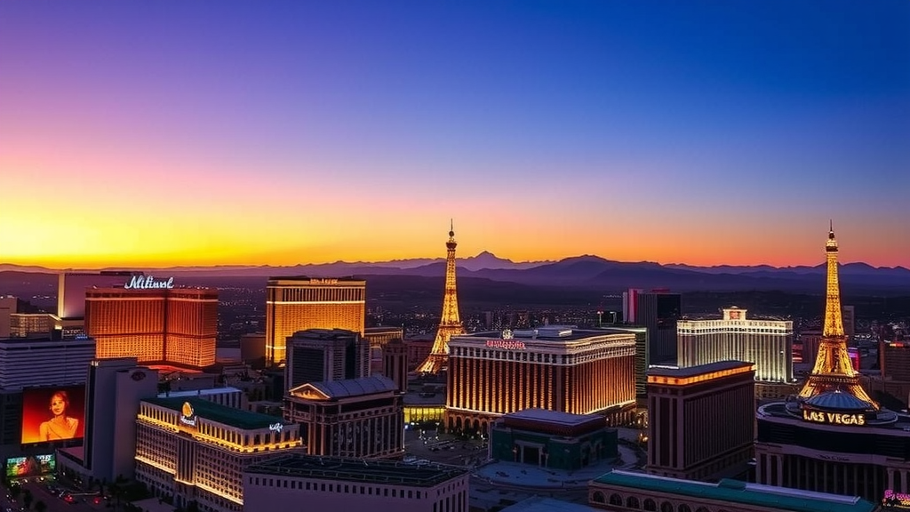 Atardecer en las vegas con edificios iluminados y un cielo colorido