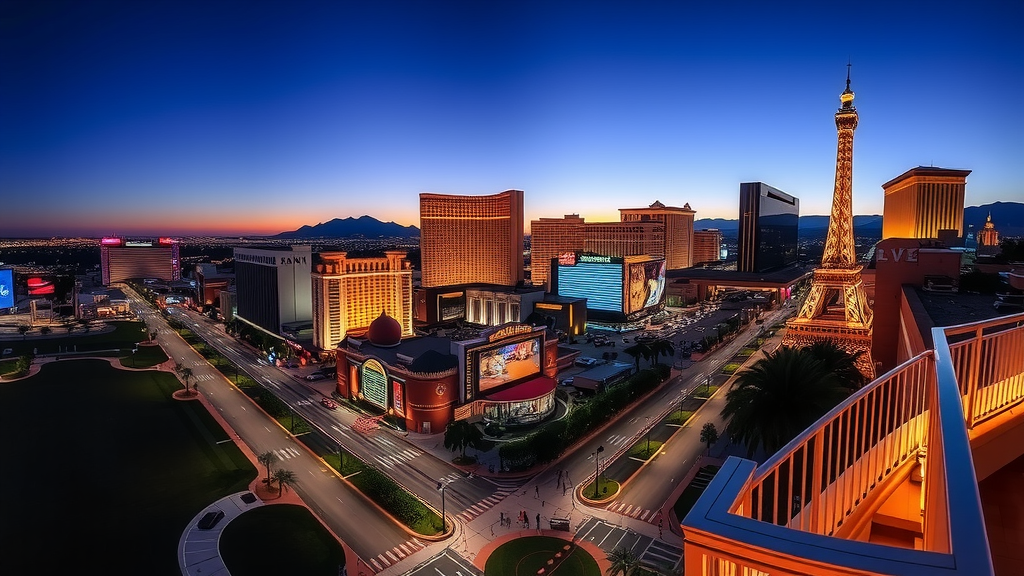 Atardecer en las vegas con edificios luminosos