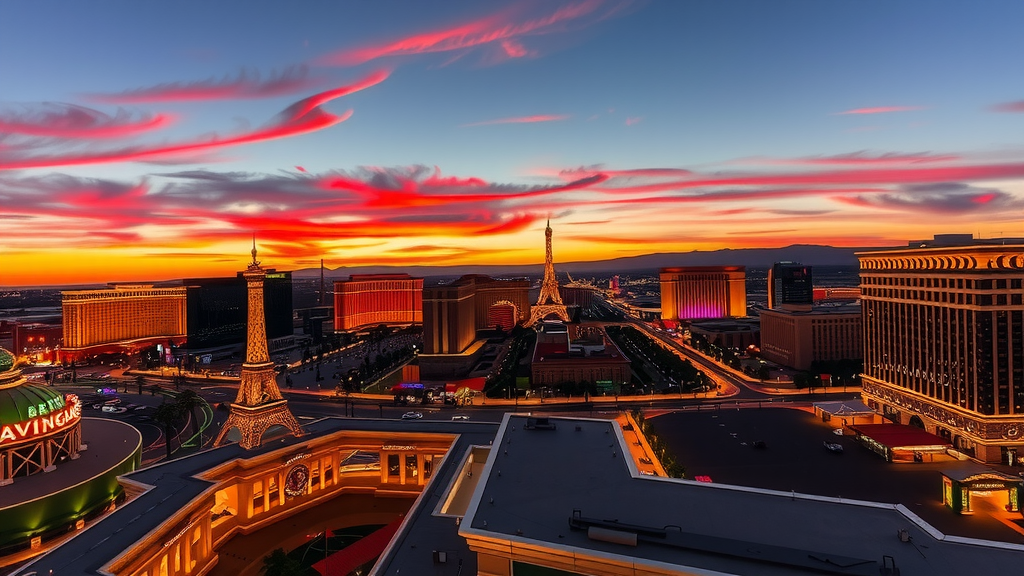 Atardecer en las vegas con rascacielos iluminados