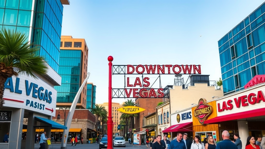 Daytime downtown las vegas real estate market scene bustling activity and interactions