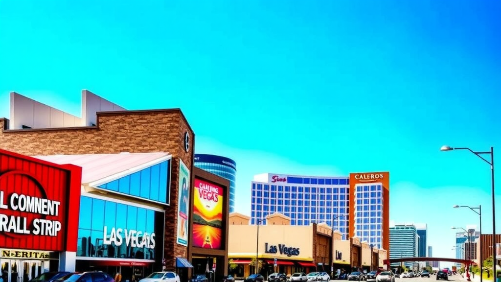 Downtown las vegas skyline with clear sky and bustling activity