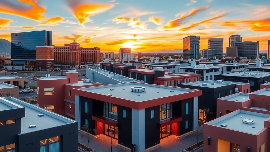 Las vegas neighborhood with modern homes and sunset
