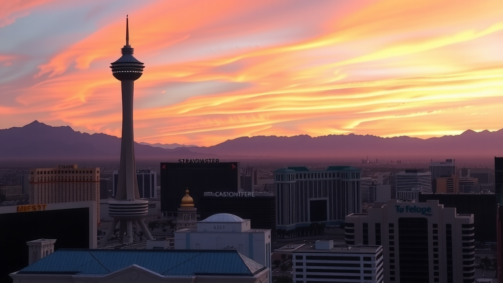 Las vegas skyline at sunrise with vibrant colors