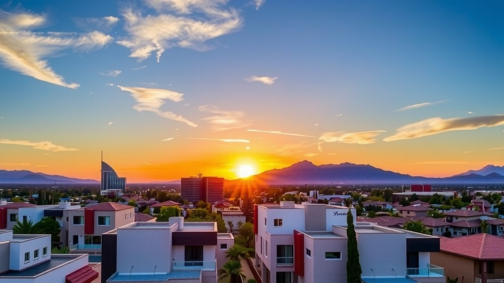 Las vegas skyline at sunset showcasing residential areas