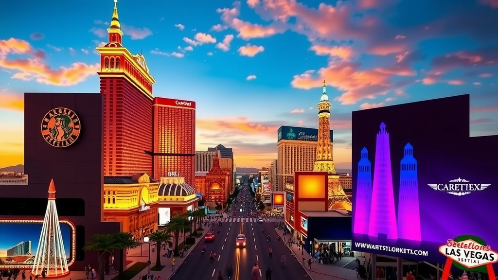Las vegas strip at sunset with skyscrapers and crowd