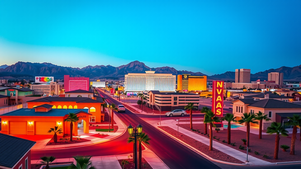 Modern residential area in las vegas with bright lights and palm trees