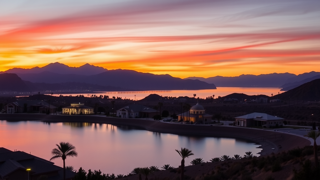 Panorama del lago y casas de lujo en lake las vegas al atardecer