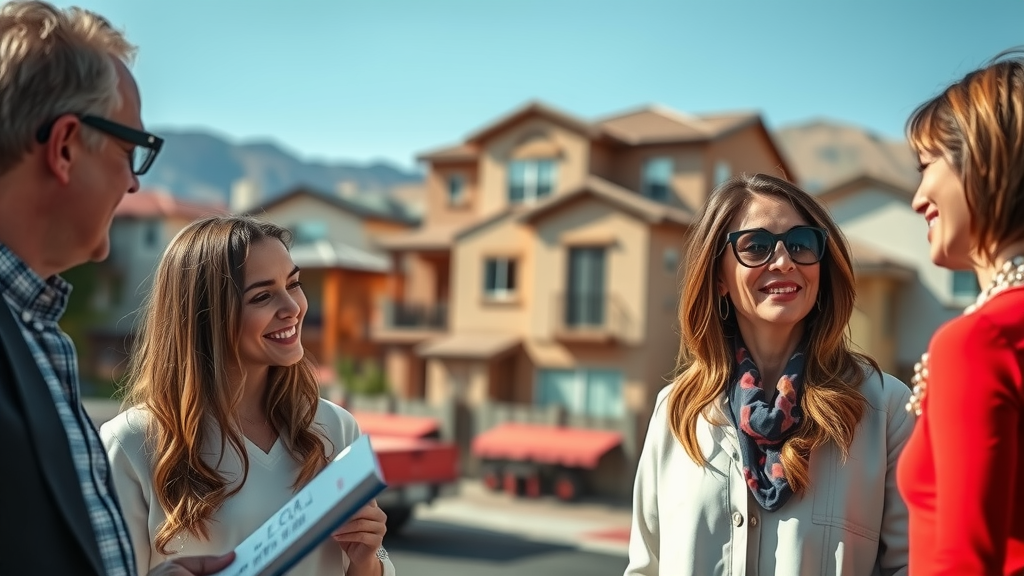 Realtor and clients discussing properties