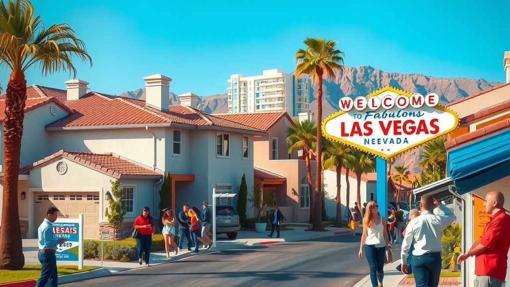Scene of the las vegas housing market with real estate signs and buyers