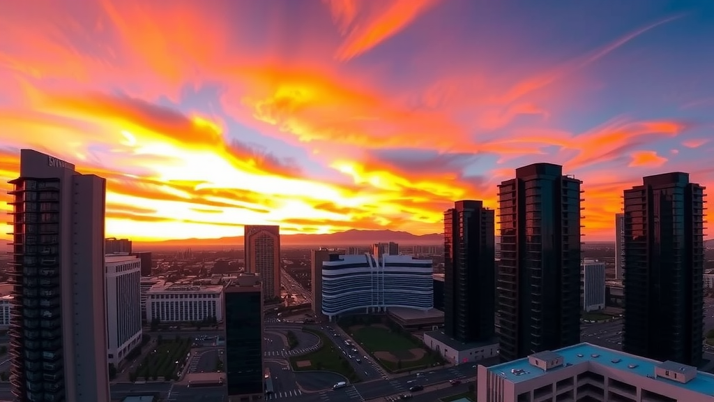 Sunset over las vegas skyline with high rise buildings