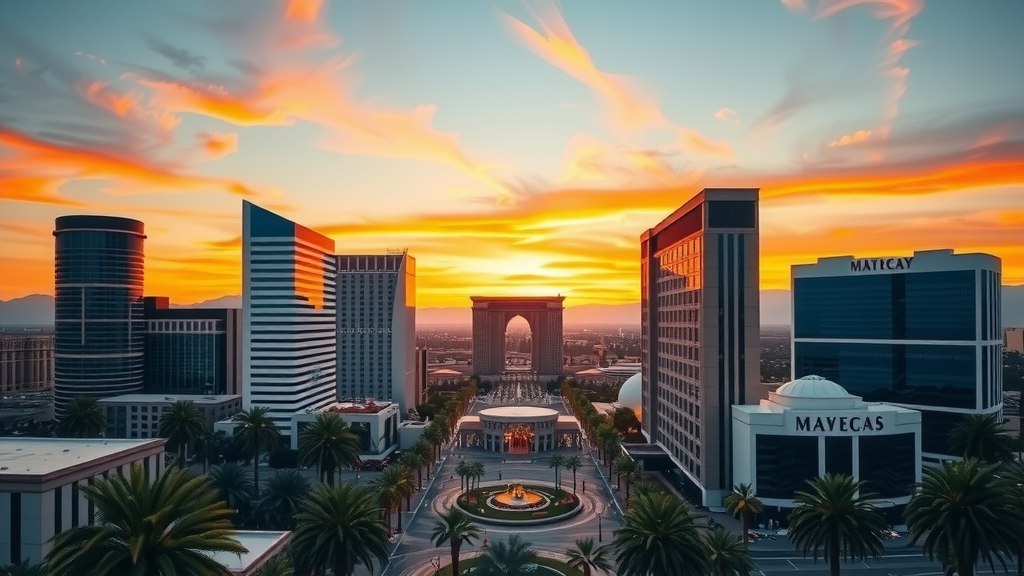 Sunset over las vegas skyline with modern buildings
