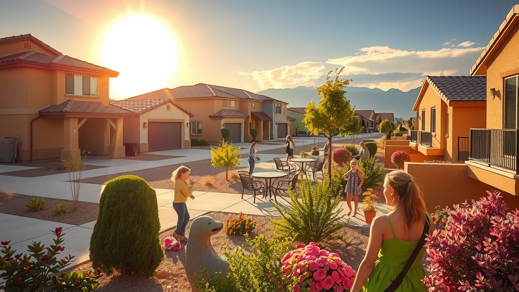 Vecindario moderno en las vegas con casas y familias disfrutando del aire libre