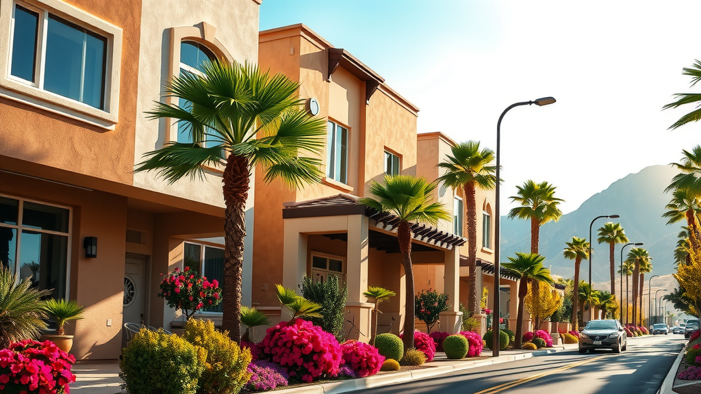Vibrant las vegas residential street with palm trees