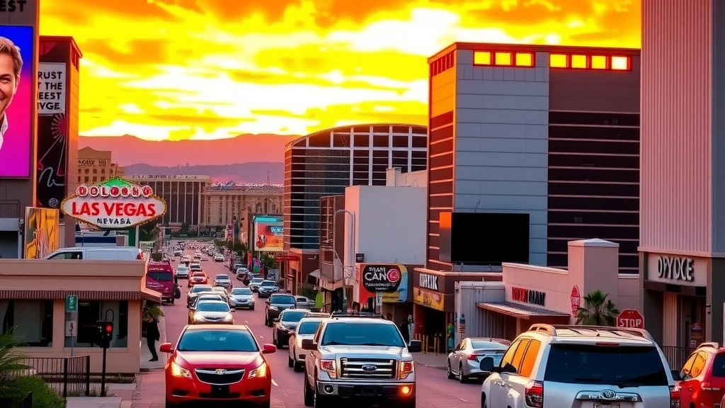 Vibrant nightlife in las vegas with sunset backdrop