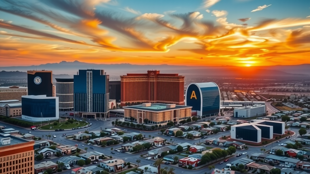 Vista ayrea del horizonte de las vegas con edificios modernos y suburbios al atardecer
