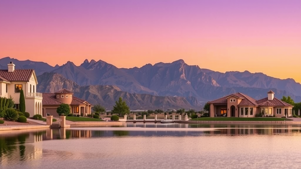 Vista de lake las vegas con casas al atardecer