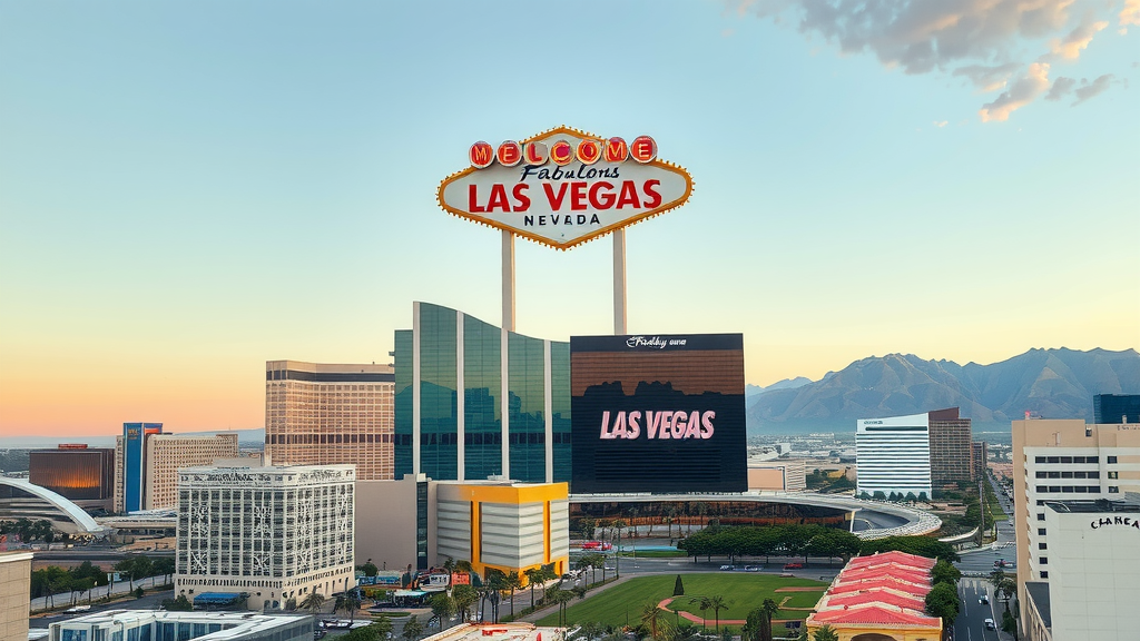 Vista general del mercado inmobiliario en las vegas con casas y edificios en contraste con el cielo del atardecer