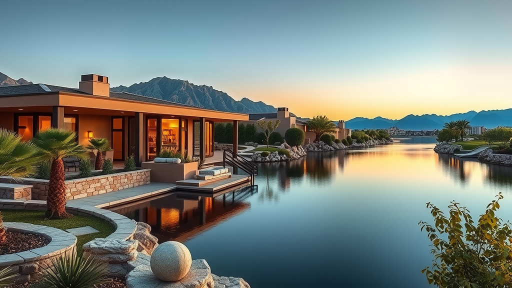 Viviendas de lujo en lake las vegas con vistas al lago en un atardecer