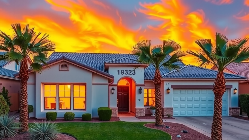 A beautiful modern house in las vegas under a vibrant sunset palm trees surrounding it
