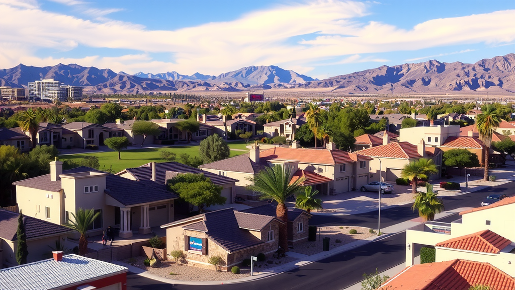 A vibrant representation of a las vegas neighborhood with homes and activity