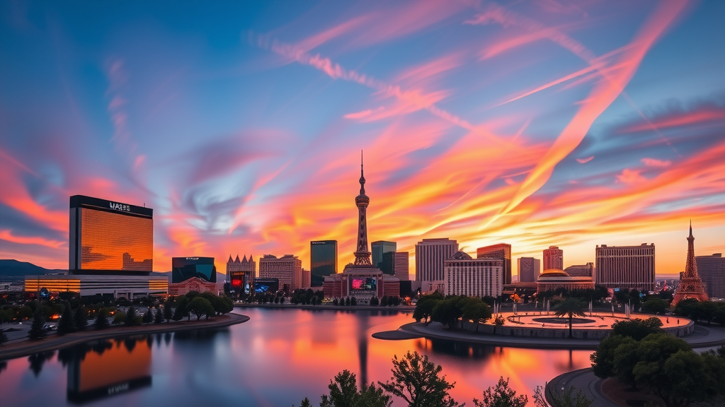 Atardecer en las vegas con edificios modernos y lago visible