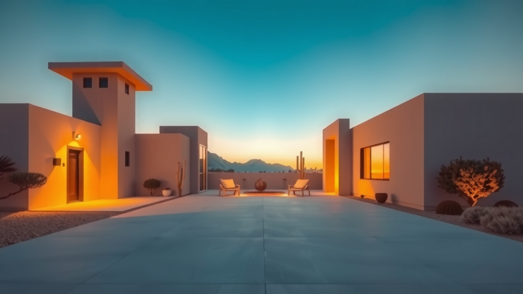 Casa moderna en las vegas iluminada por el atardecer en un ambiente desyrtico