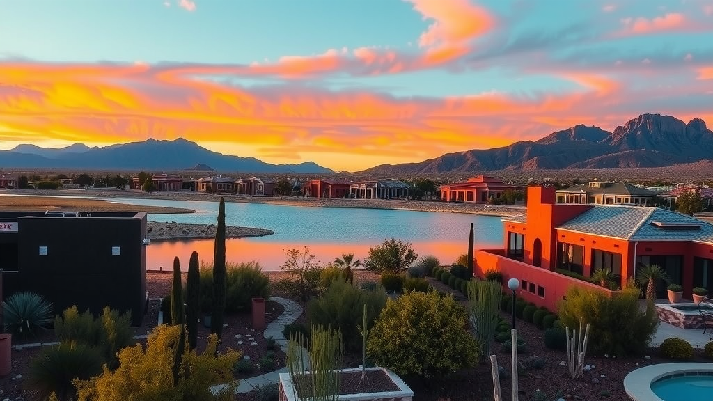 Desarrollo de lujo en lake las vegas durante el atardecer