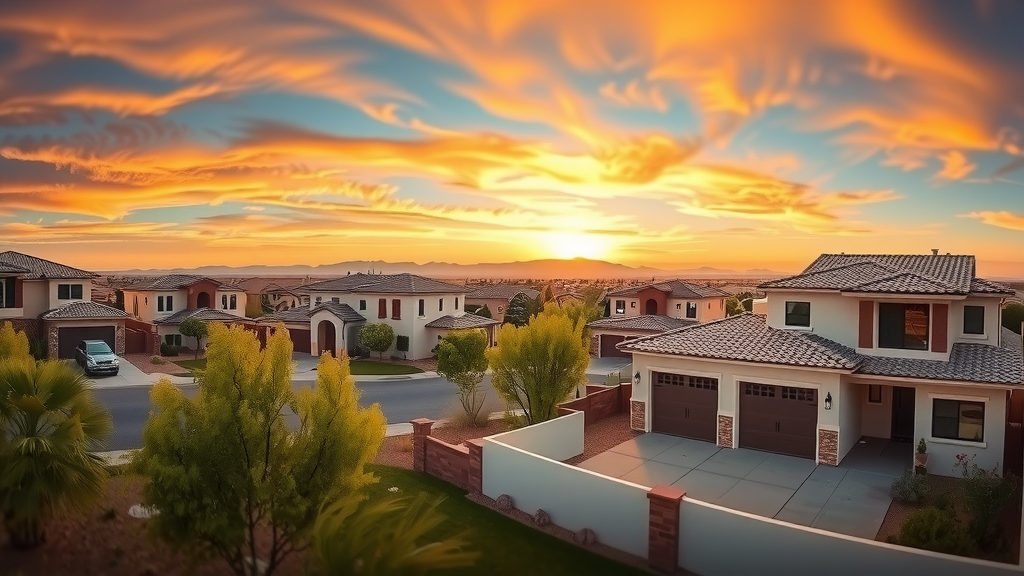 Desarrollo residencial en las vegas durante el atardecer con casas modernas