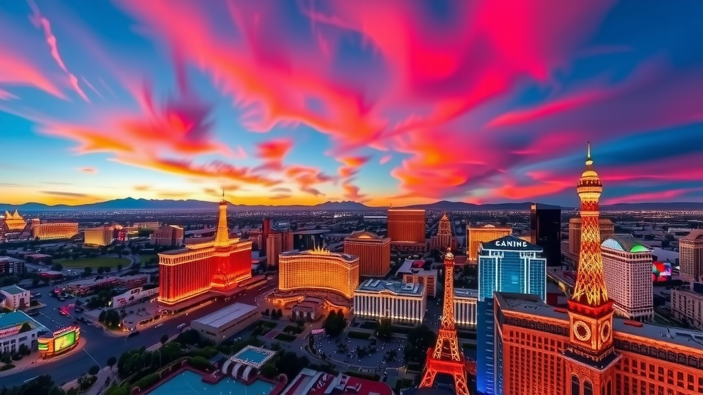 Horizonte de las vegas al atardecer con rascacielos y luces de neyn