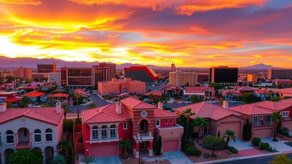 Las vegas skyline at sunset showcasing luxury homes