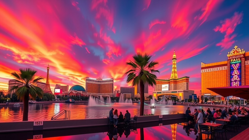 Las vegas skyline at sunset with neon lights